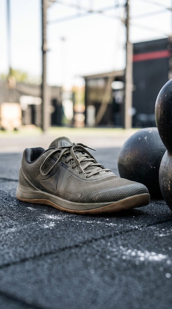 Scarpa da allenamento accanto alle palle medicinali, sul pavimento del box