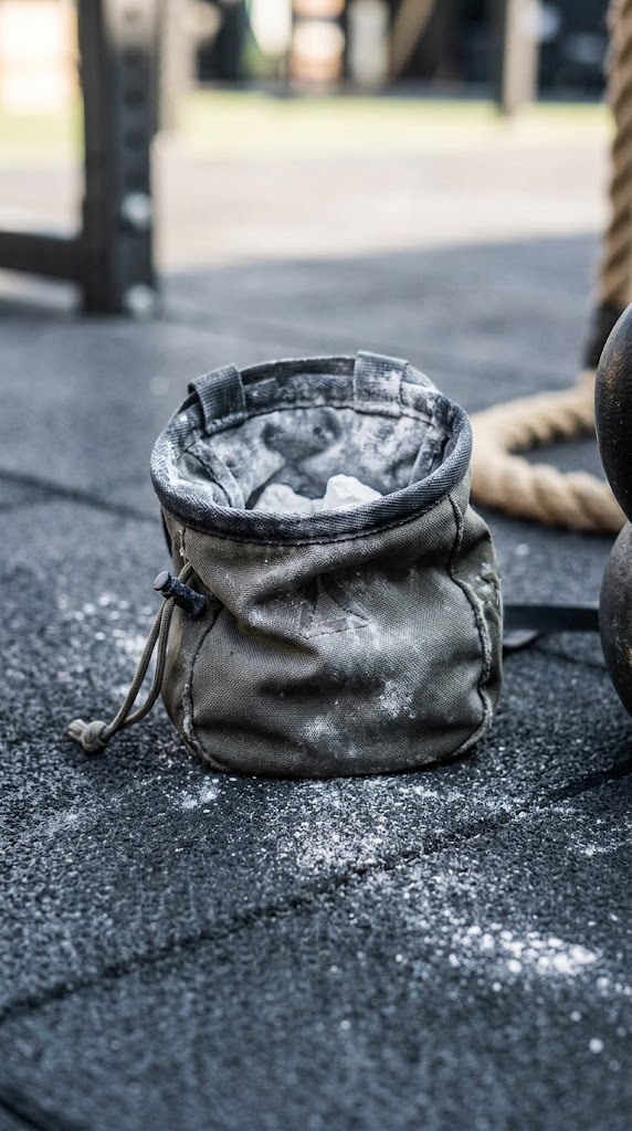 Sacchetto di magnesite sul pavimento del box, con corda e kettlebell